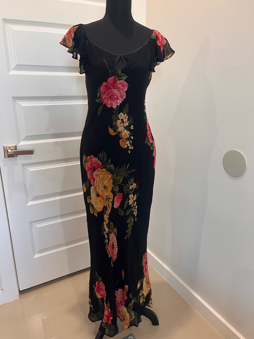 Dress Barn Black Maxi Dress with Pink & Yellow Floral Print